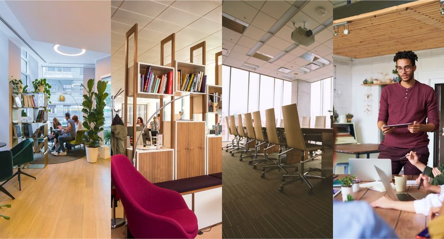 3 people in the lounge, violet chair and a wooden bookshelf, a conference style setup, and a man leading discussion with co-workers