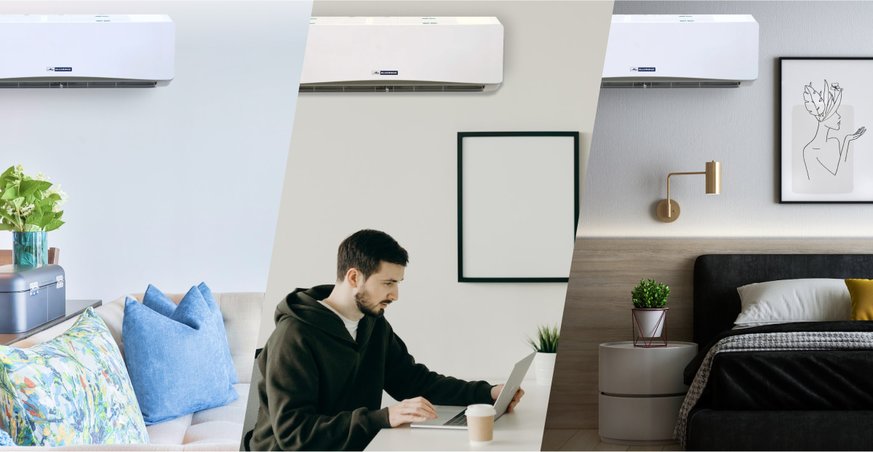 A collage featuring a living room with a sofa, a man working on a laptop with coffee, and a bedroom with a table, all with mini-split AC units.