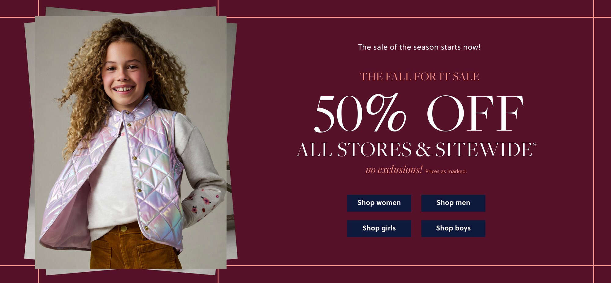 50% Off All Stores & Sitewide no exclusions! Prices as marked.