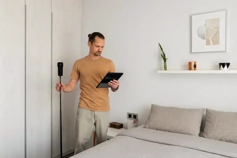 Hombre usando tablet con escáner 3D en dormitorio moderno