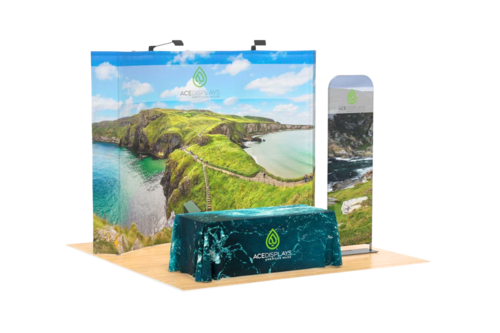 A pop-up display trade show booth kit.