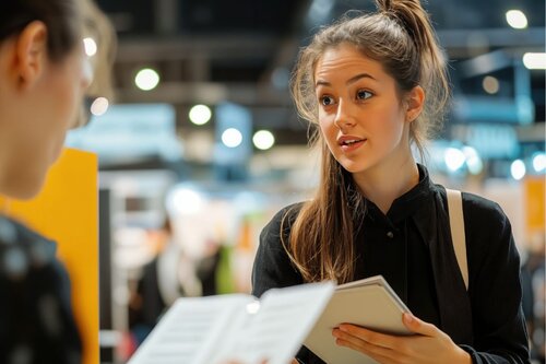 A woman approaching someone at a trade show and seeming interested.