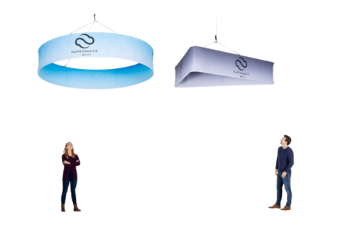 Photo of two people looking up at Ace Displays hanging signs.