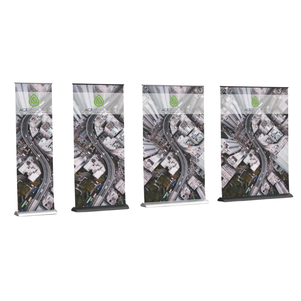 Ace Displays Shark Retractable Banner Stand with a grey highway design.