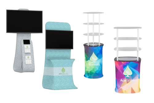 Photo of two kiosks and two shelving units next to each other. All are Ace Displays'.