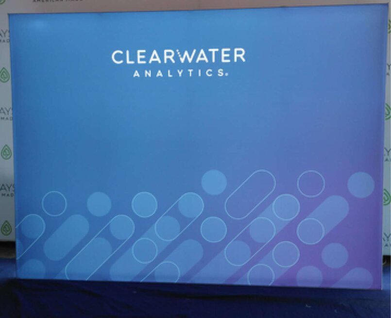 Clearwater Analytics backlit display by Ace Displays with blue graphics.