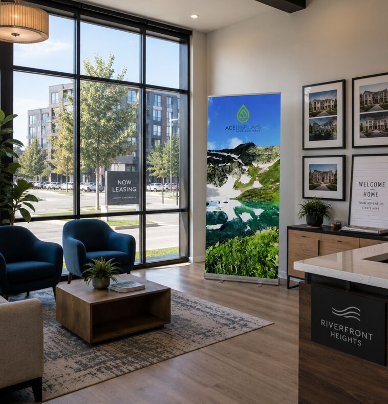 An Ace Displays retractable banner stand in an apartment complex leasing office