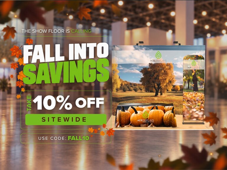 Promotional graphic for 10% off Ace Displays products with the code FALL10.