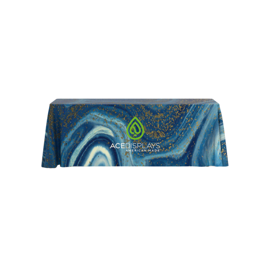 Ace Displays loose table cover with a custom design.