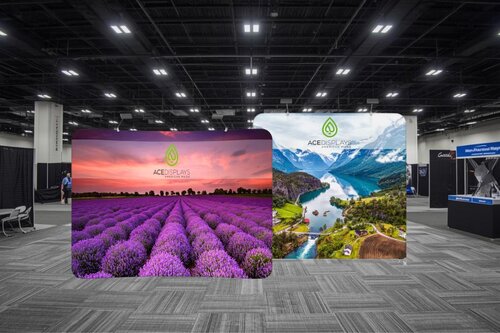 Two tension fabric displays from Ace Displays at a trade show aisle.