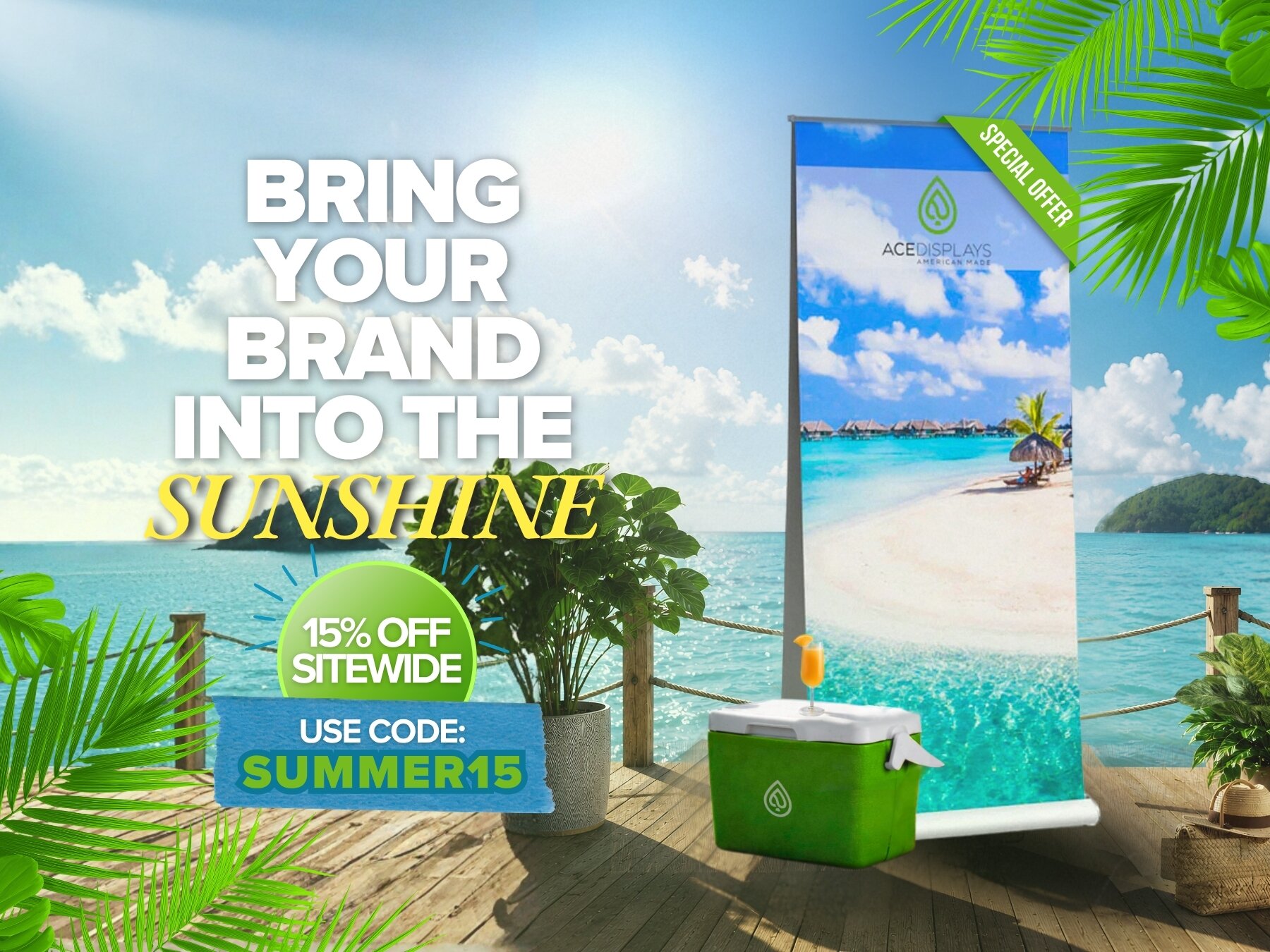 Promotional graphic for 15% off Ace Displays products with the code SUMMER15.