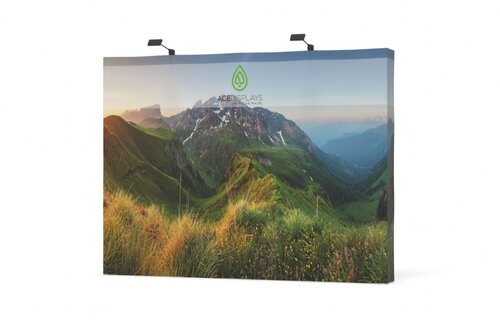 10 feet by 8 feet flat EasyFabric pop-up display with rolling green hills and mountains at sunset pictured on display