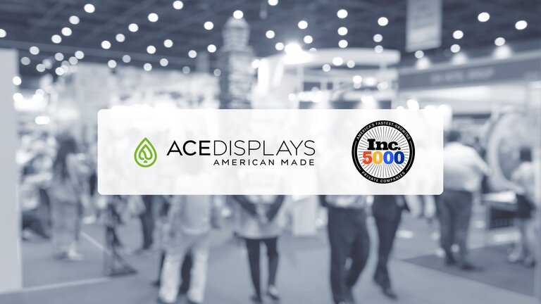 Graphic with a blurred trade show in black and white with the Ace Display logo overlaid with an Inc. 5000 icon.
