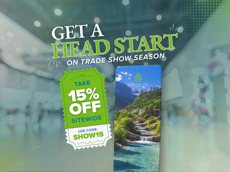 Promotional graphic for 15% off Ace Displays products with the code SHOW15.