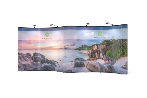 Aspen 20 feet by 8 feet Gull Wing curved pop-up display featuring a rocky beach at sunset image on the display