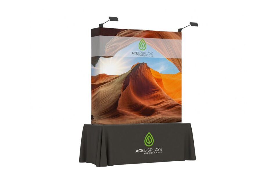 5 feet by 5 feet flat EasyFabric pop-up table banner with dessert arch designed banner on top of Ace Displays branded tablecloth