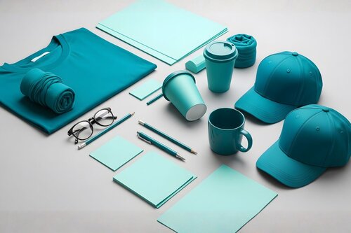A flat lay of matching teal-colored branded promotional merchandise including a t-shirt, baseball caps, a travel tumbler, a coffee mug, pens, notecards, and eyeglasses arranged on a grey background.