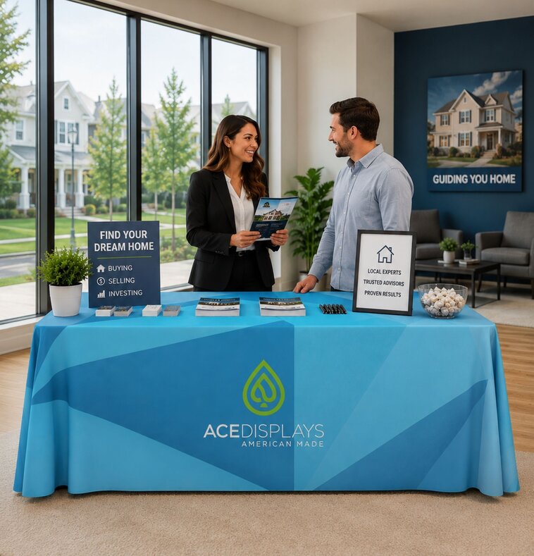 Two people talking at a table with information and pamphlets about home buying.