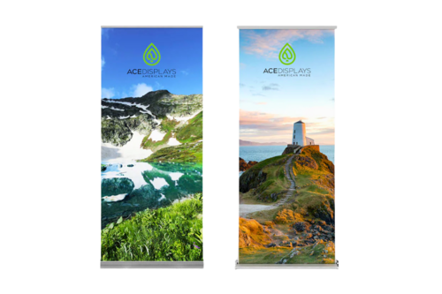 2 retractable banner stands for trade show booths next to each other.