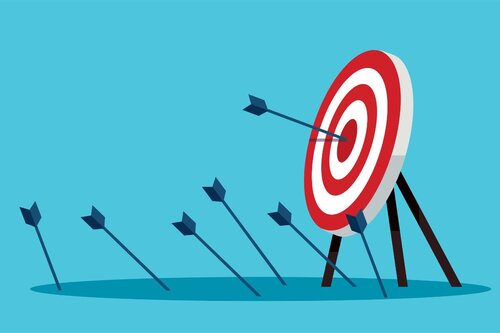 Graphic of a target being hit with an arrow and multiple arrows on the ground in front of it.