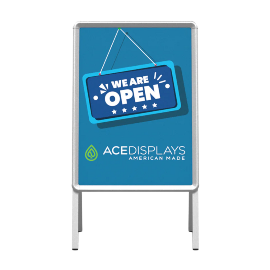 Ace Displays customizable sandwich board with an open sign on the graphic.