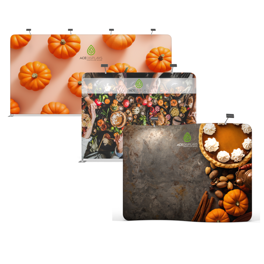 Ace Displays tension fabric displays with fall scenery graphics.