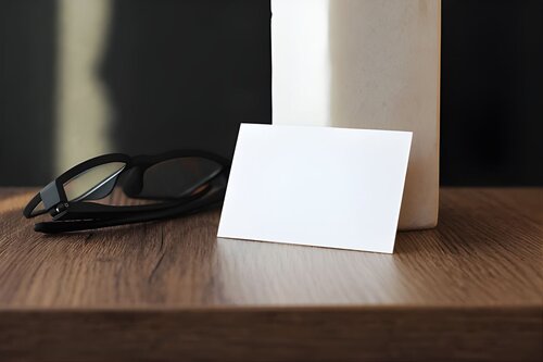 A blank white business card leaning against an object on a wooden desk, with a pair of glasses nearby.