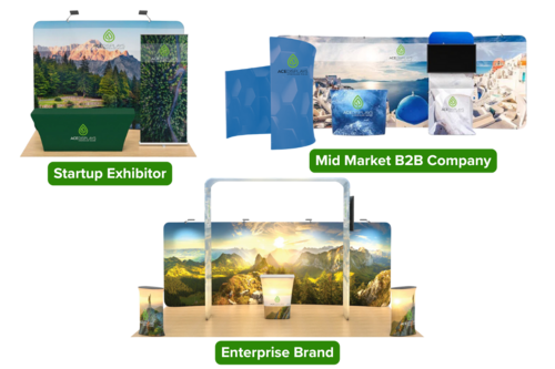 3 examples of booth setups for the different types of exhibitors.