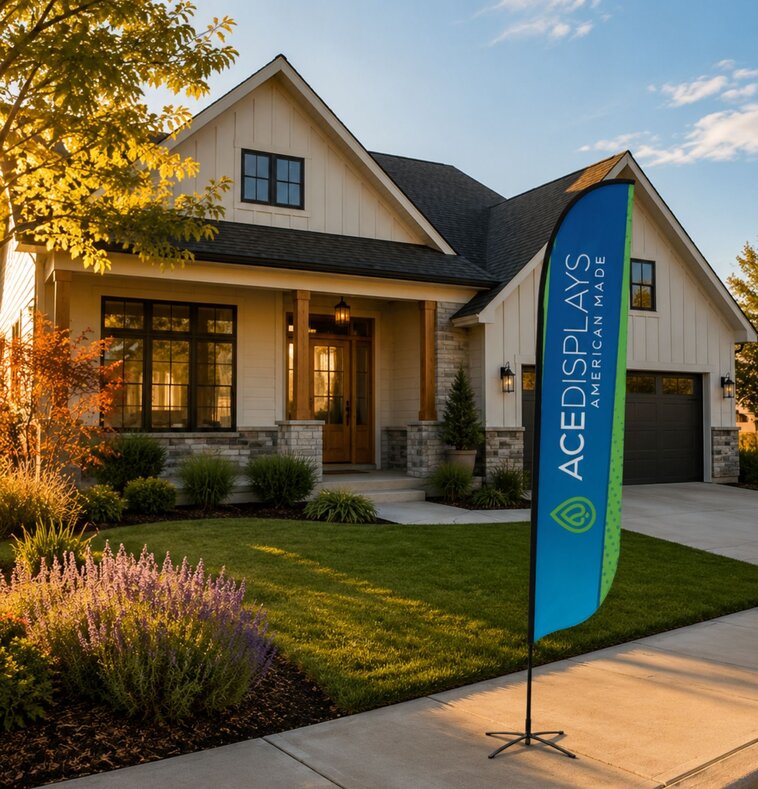 A house with an Ace Displays flag in front of it on the sidewalk.