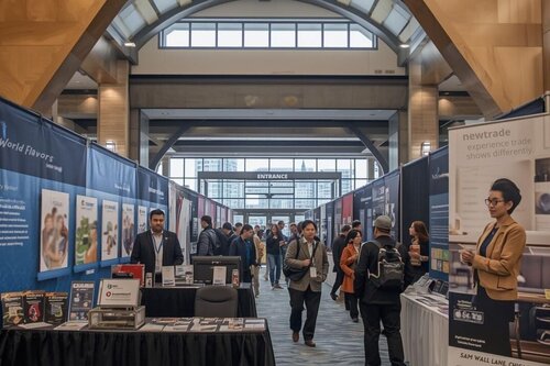 An exhibition hall, with people walking down the aisle.