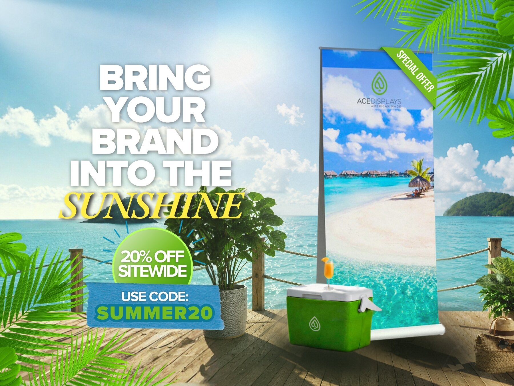 Promotional graphic for 20% off Ace Displays products with the code SUMMER20.