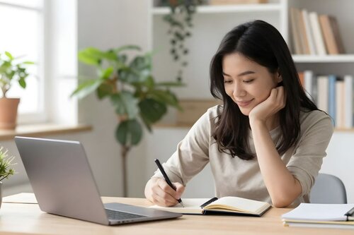 Young woman taking notes in a notebook at her desk, with a laptop open beside her.