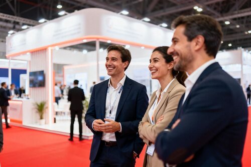 Three smiling business professionals wearing lanyards stand together on a red-carpeted trade show floor, with white and orange exhibitor booths visible in the background.