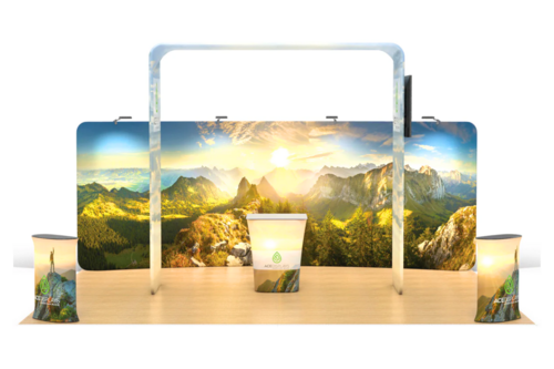 An Island Booth Setup from Ace Displays with sunny graphics.