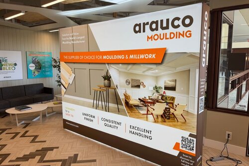 An exhibition display with clean visuals.