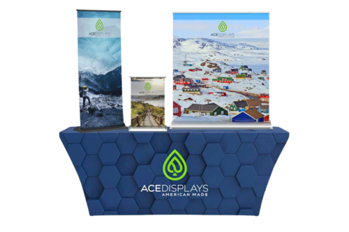 Tabletop displays on a fitted table cover.