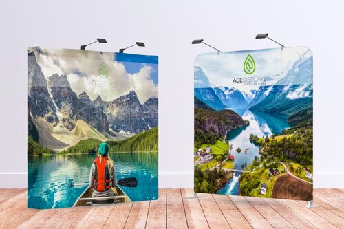 A Pop-Up display and Tension Fabric display from Ace Displays side by side.