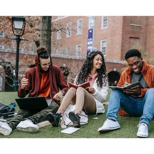 College students studying in the grass on campus.