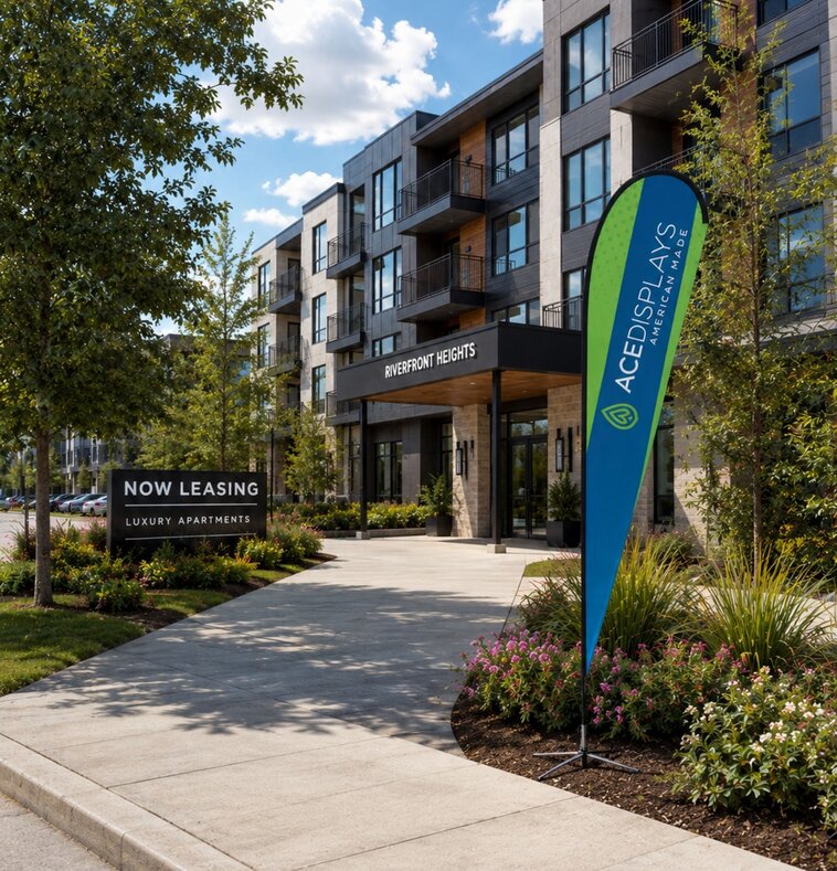 An apartment complex with an Ace Displays flag in front of it near the sidewalk.