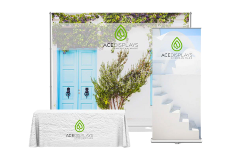 Photo of an Ace Displays 10x10 booth example with mediterranean graphics shown.