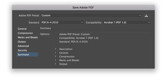 Image showing how to adjust your file format settings so that they are correct for submitting to print