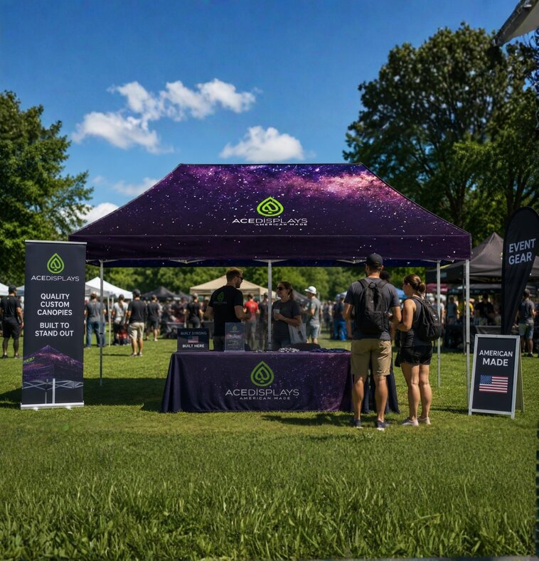 Ace Displays tent, table cover, and banner stands at an outdoor event.