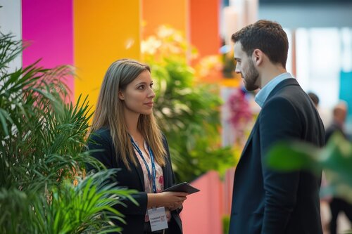 A man talking to a woman at a trade show with brightly colored walls behind them.