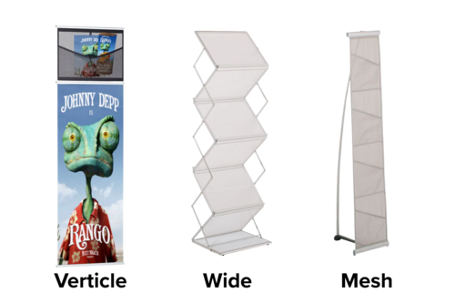 Three literature rack options offered by Ace Displays. There is a Rango designed vertical flat rack, a wide rack that zig-zags and a vertical mesh one that has a back rod to stabilize. 