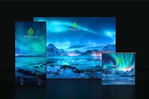 A 10x10 backlit trade show booth setup from the Lumos line by Ace Displays with northern lights scenery.