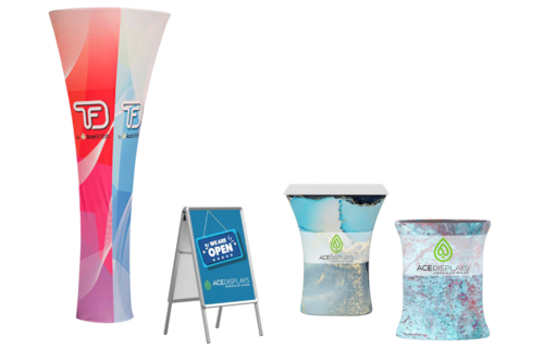 Photo of two kiosks and two shelving units next to each other. All are Ace Displays'.