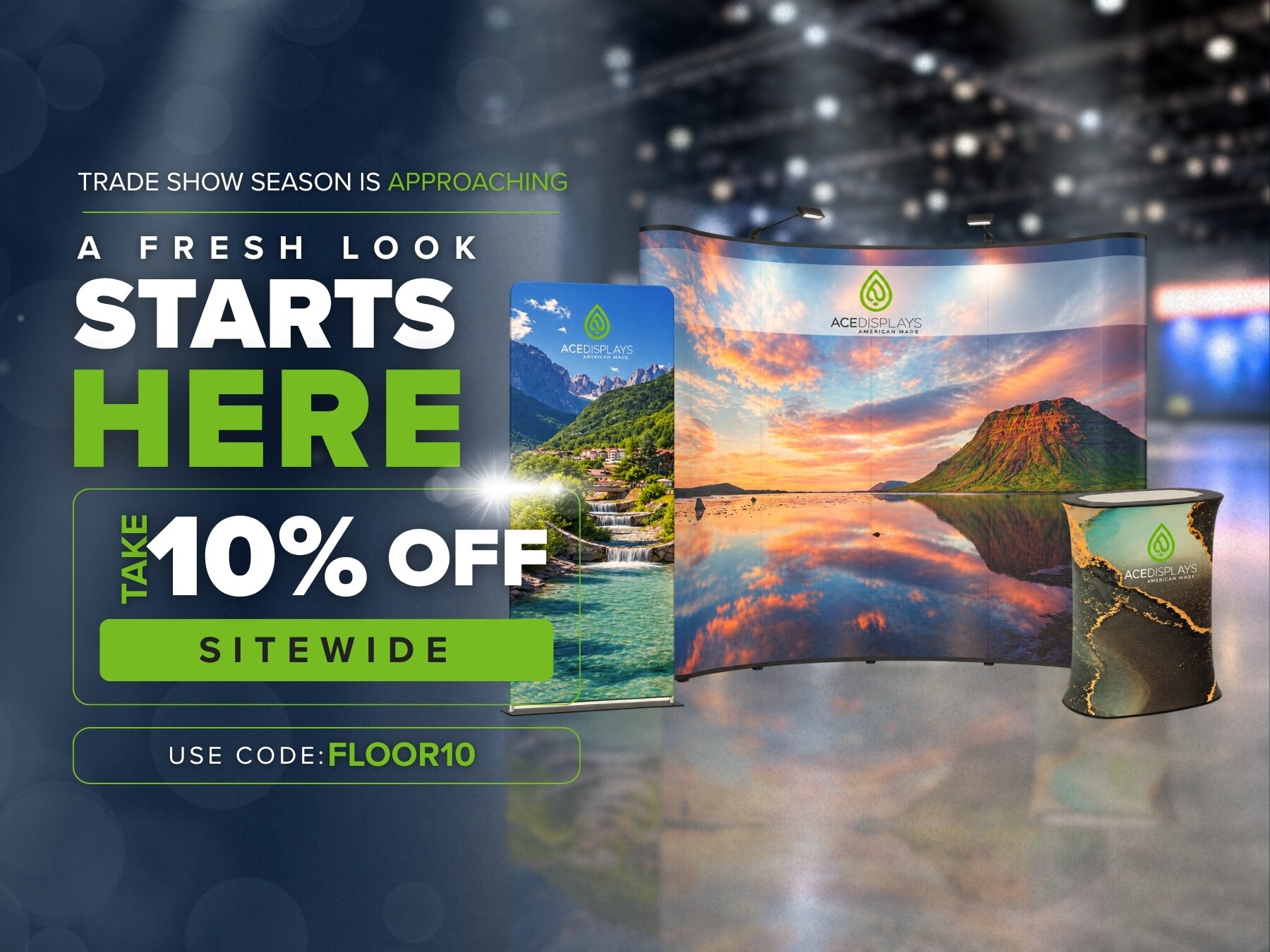 Promotional graphic for 10% off Ace Displays products with the code FLOOR10.