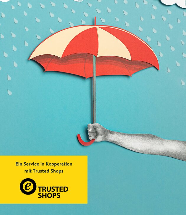 Hand hält einen rot-beigen Regenschirm vor einem Hintergrund aus fallenden Regentropfen. Trusted Shops-Logo in der Ecke.