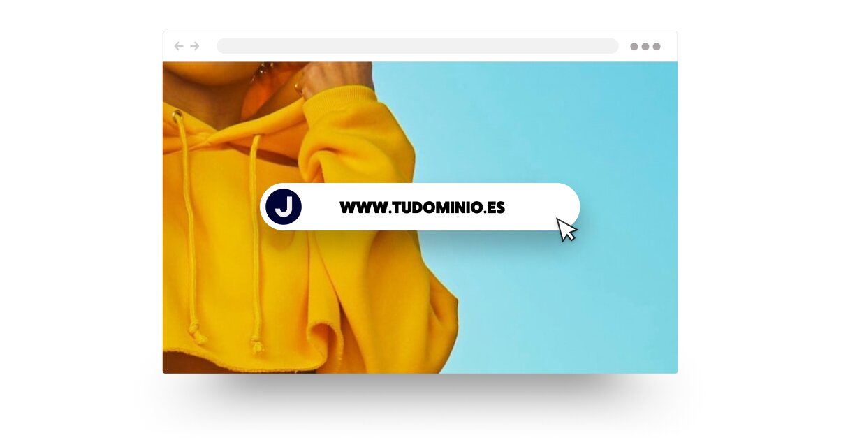 El cursor apunta a una URL de sitio web sobre una sudadera amarilla en un fondo azul.