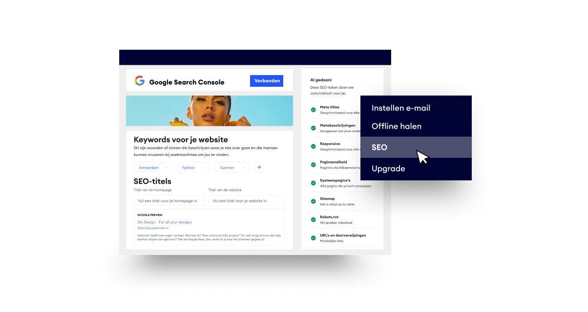Interface van Google Search Console met nadruk op SEO-instellingen. Een cursor zweeft over de SEO-menu-optie.